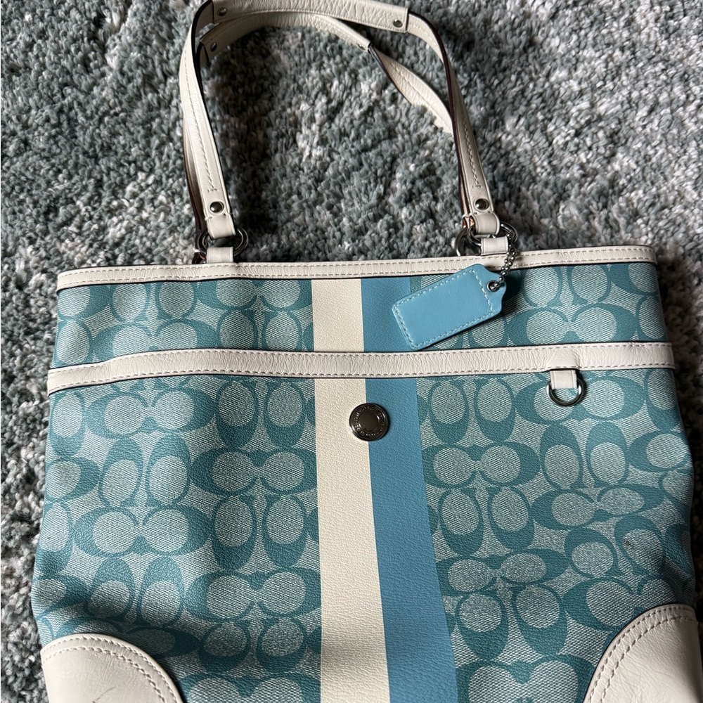 Coach Teal and Cream Signature Tote